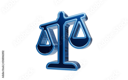 Bild auf Leinwand Symbol of Justice: A 3D metallic blue rendition of the Scales of Justice, representing balance, law, and fairness, poised on a stark white background