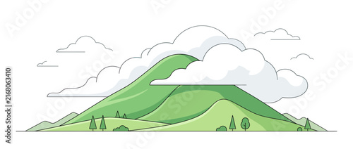 Stylized Green Hills and Clouds Landscape Illustration