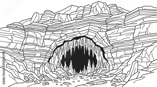 Stylized Cave Entrance with Stalactites and Rocky Path
