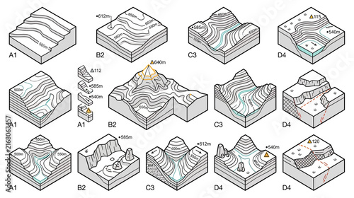 Topographic Map Diagrams Isolated