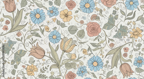 Beautiful colorful flower seamless Scandinavian style pattern