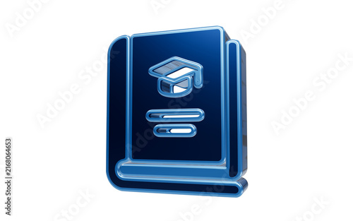 Education Book Icon: A glowing blue icon representing a book with a graduation cap on top, symbolizing knowledge and learning, perfect for academic or educational themes.