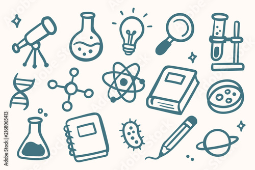 Science and Laboratory Doodle Set with Chemistry Equipment, Microscope, Atom, DNA, Test Tubes, Flask, Light Bulb and Scientific Research Elements
