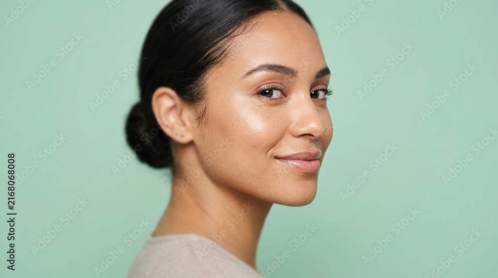 Fototapeta premium Beautiful young woman with flawless glowing skin and a gentle smile standing against a soft pastel green background showcasing natural cosmetics