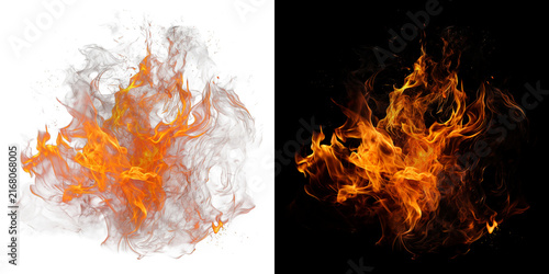 Obraz na plátne isolated red orange yellow fire flame explosion burning on dark black and transparent background for visual effects, design element, overlay, or compositing