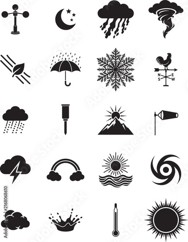 Weather Forecast and Meteorology Black Vector Icon Set