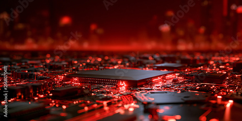Futuristic microchip circuit board with glowing red neon light trails in high-tech digital background
