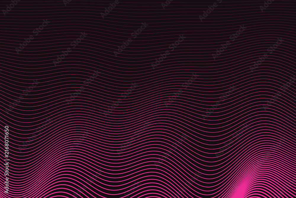 Fototapeta premium Magenta wavy lines on a black background, parallel horizontal curves forming a dynamic flow pattern