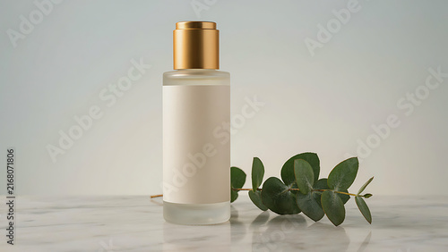 Gold and white luxury perfume bottle with eucalyptus leaves isolated on transparent background PNG, 4K, HD Image