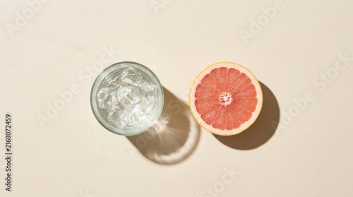 Minimalist top view of grapefruit and glass of ice with hard shadows