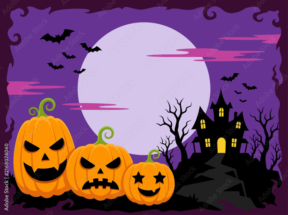 Fototapeta premium Spooky Halloween Background with Haunted House, Pumpkins, and Full Moon in Purple Night Sky