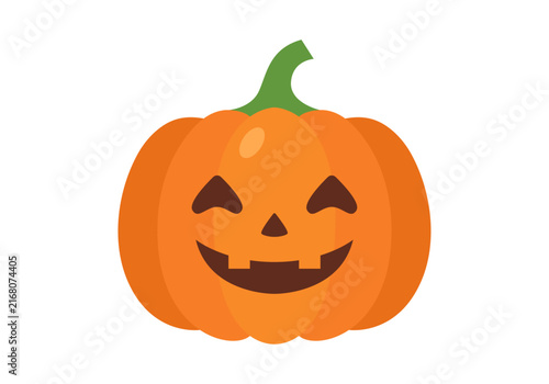 Calabaza naranja con rostro sonriente y tallo verde