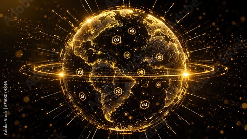 Global Digital Network 3D Illustration with Golden World Globe and Technology Connections