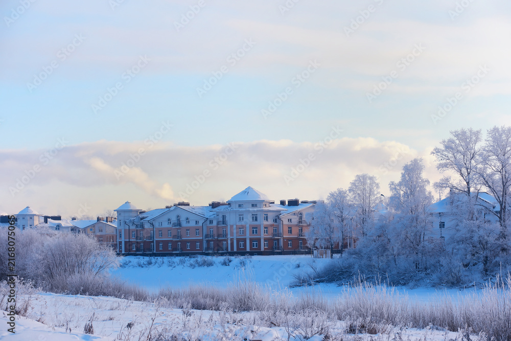 Fototapeta premium Winter landscape. Trees and plants covered with snow. The beauty of snow covered paths. Snowfall and cooling in tourist areas.