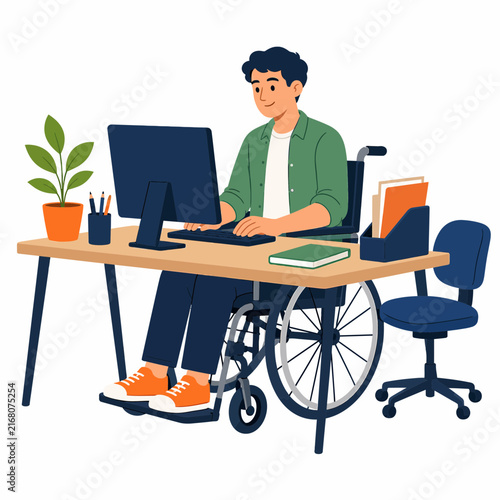 Wheelchair Employee Working on Desktop Computer Vector Illustration
