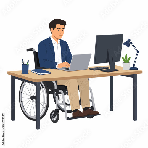 Businessman in Wheelchair Working on Laptop at Office Vector Illustration