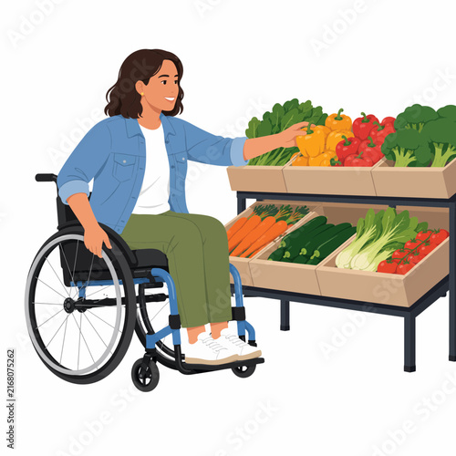 Wheelchair User Shopping for Fresh Vegetables Vector Illustration