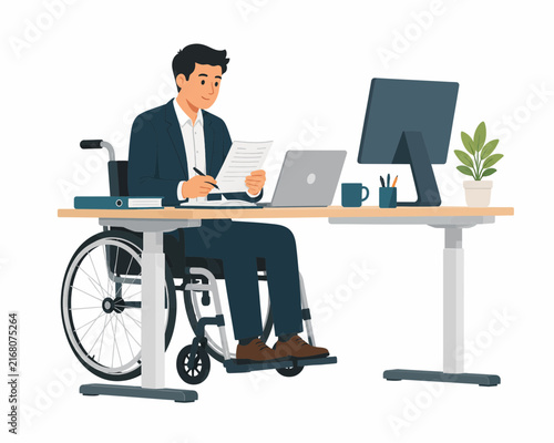 Wheelchair User Working at Accessible Office Desk Vector Illustration