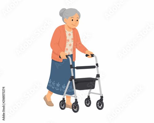 Senior Woman Walking with Rollator Walker Vector Illustration