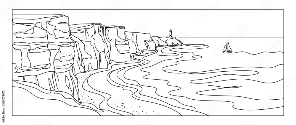 Fototapeta premium Minimalist coastal cliff line art with sailboat