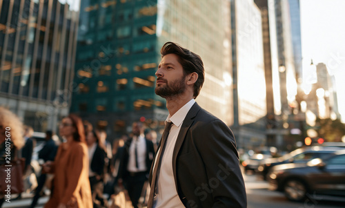 modern man standing completely still in a busy business district, face clearly visible, calm expression, pedestrians and cars moving around him 