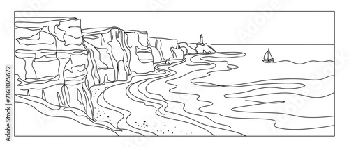 Minimalist coastal cliff line art with sailboat