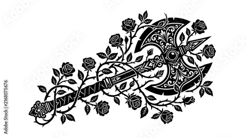 Ornate Double-Bladed Axe Wrapped in Roses