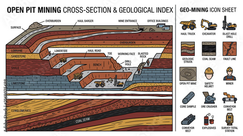 Open Pit Mining Cross-Section and Geo-Mining Icon Sheet Illustration