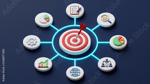 Business strategy target concept with connected icons representing integrated planning, goals and organizational performance