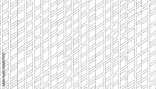 Abstract black and white geometric perspective pattern constructed of vertical rectangular stripes and diagonal lines.