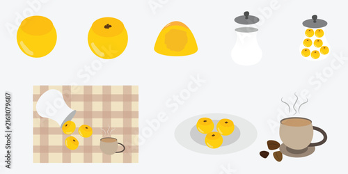 Indonesian traditional nastar pineapple cookies set with jar glass, plate, and hot coffee cup vector illustration