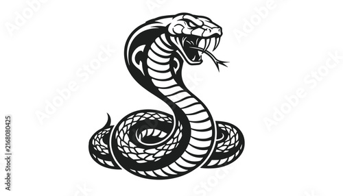 Striking black and white cobra snake mascot illustration with mouth wide open showing fangs, venomous teeth, and split tongue.
