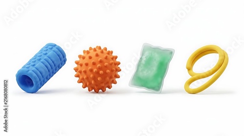 Assorted abstract colorful 3D geometric shapes and textured forms.