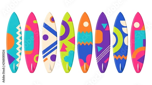Colorful surfboards lined up in a row against a bright white background