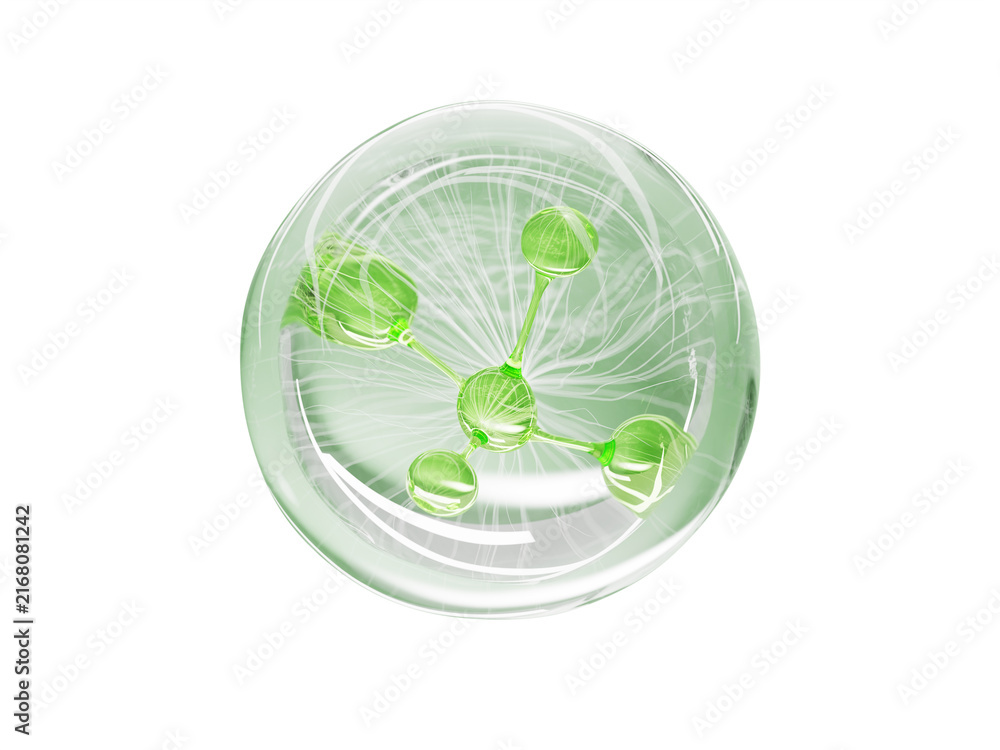 Fototapeta premium Green molecule in transparent bubble on light menthol 3d background. Aloe collagen gel serum drop, liquid bio cosmetic sphere, natural cream with peptides. Herbal shampoo organic