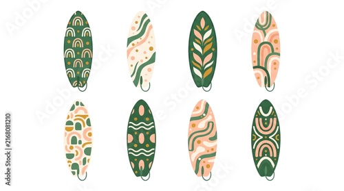 Collection of uniquely patterned paddle boards displayed against a clean white background