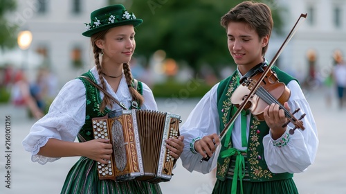Teenage boy plays violin alongside girl with accordion in traditional Austrian attire during daylight outdoor performance
