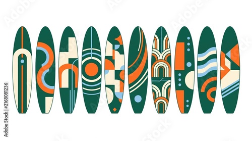 Collection of vibrant retro style surfboards with unique colorful geometric patterns