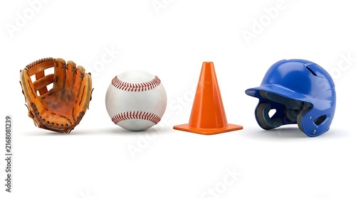 Baseball equipment set with glove and helmet.