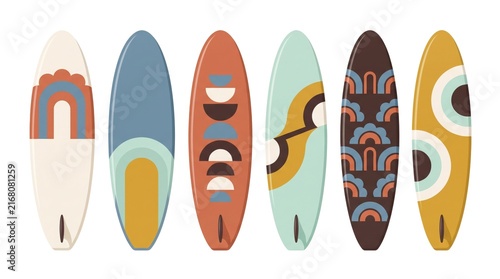 Collection of colorful surfboards with unique graphic designs on a white background
