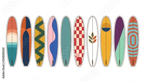 Colorful collection of skateboard decks with diverse graphic designs arranged in a row