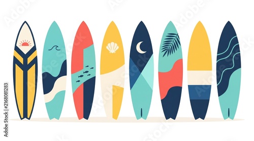 Colorful surfboard collection with vibrant patterns and designs isolated on white background