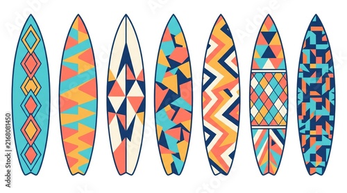 Colorful surfboards lined up in a row with vibrant geometric patterns and designs