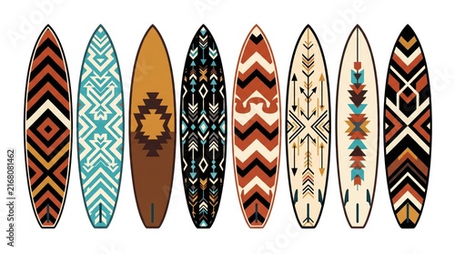 Collection of intricately patterned and colorful surfboards lined up on a white background