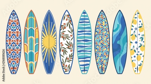 Colorful surfboards lined up in a row against a light beige background
