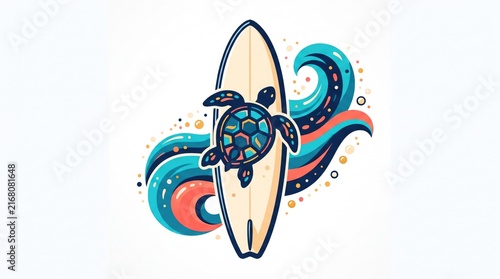 Watercolor illustration of a sea turtle surfing a wave with colorful splashes