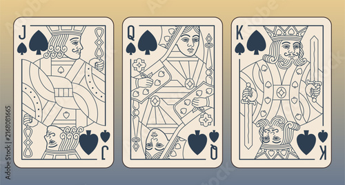 Plauing cards set: King, Queen and Jack of Spades. Cozy color palette. Vector editable illustrations. Classic pattern design, digital-ready design.	