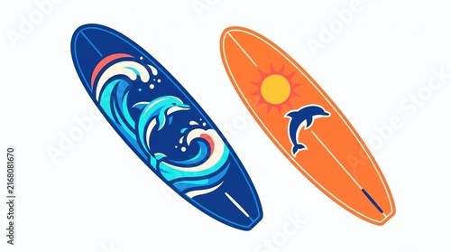 Two brightly colored surfboards with ocean and dolphin designs on white background