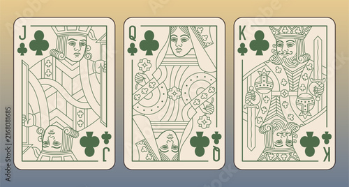 Plauing cards set: King, Queen and Jack of Clubs. Cozy color palette. Vector editable illustrations. Classic pattern design, digital-ready design.	