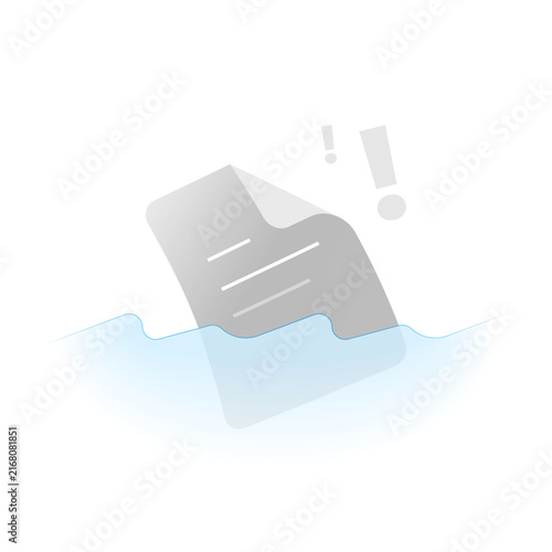Document floating on water with exclamation mark, symbolizing paperwork problems, document uncertainty, administrative issues, and unresolved documentation
